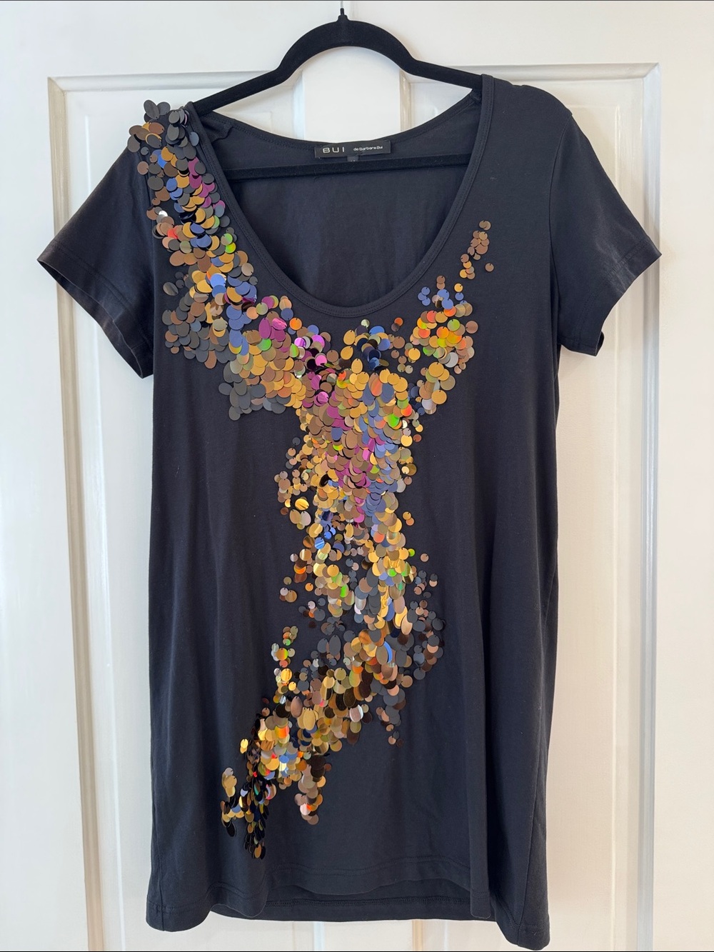 Barbara Bui Black Tee Dress with Multicolor Sequins